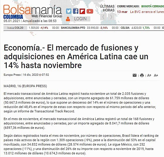 El mercado de fusiones y adquisiciones en Amrica Latina cae un 14% hasta noviembre